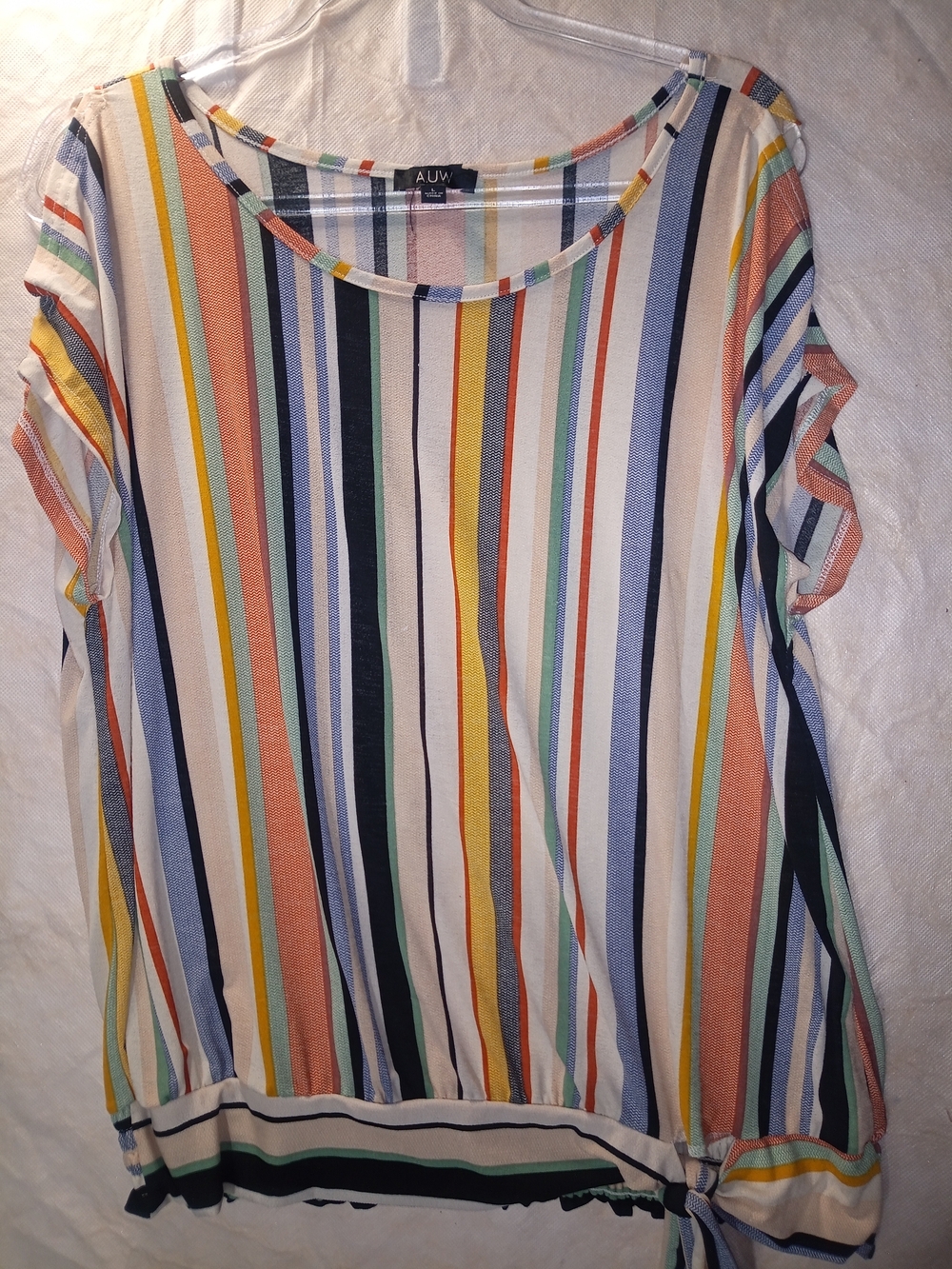Women's Size Large AUW Multicolor Vertical Stripe Short Sleeve Top Pickaboo Arm